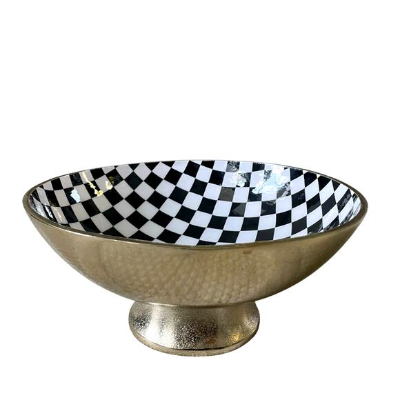 Black & White Checkered Enameled Gold Metal Bowl 10" Made in India NEW - Picture 9 of 16